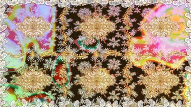 Kahverengi renkler ve altın elementler üzerinde altın pürüzsüz desen. Raster illüstrasyonu. Kusursuz damaske klasik altın desen. Tekrarlayan ögelerle soyut arkaplan Raster.