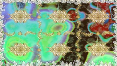 Raster illüstrasyonu. Kusursuz damaske klasik altın desen. Tekrarlayan elementlerle soyut arkaplan oluşturun. Yeşil renklerdeki altın desenli altın elementler.