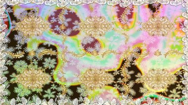 Senin tasarımın için, duvar kağıdı. Raster geometrik arka plan. Altın rengi, kusursuz çizim. Tarafsız renklerde altın desenli altın çiçekli elementler.