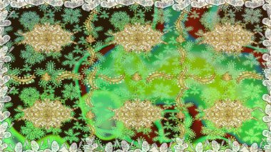 Klasik raster sarısı, kusursuz desen. Çiçek süsü kumaş deseni, cam, çiçek desenli metal altın elementli yeşil renkte.
