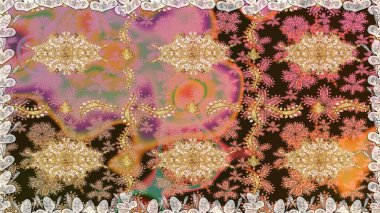 Raster altın tekstil baskısı. İslam tasarımı. Kahverengi renklerde altın desenler ve altın elementler. Çiçek kiremitleri. Kusursuz desenli oryantal süs.