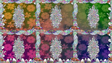 Raster illüstrasyonu. Egzotik çiçekler, botanik, yeşil renklerdeki parlak klasik doğa. Klasik tropikal doğal elementlerin suluboya seti.