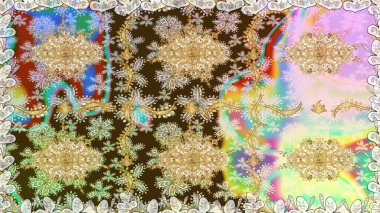 Altın elementlerle nötr renklerde altın desen. Düz elle çizilmiş klasik koleksiyon. Raster altın pürüzsüz desen. Arkaplan, kumaş, altın duvar kağıdı.