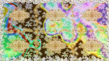 Raster illüstrasyonu. Tekrarlayan elementlerle soyut arkaplan oluşturun. Kusursuz damaske klasik altın desen. Tarafsız renklerde altın desenli altın elementler.