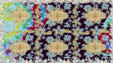 Hassas altın deseni açın. Doğu tarzı arabesk. Kusursuz altın desenli bukleler. Raster. Tarafsız renklerde, altın elementlerle kusursuz desen. Parlak dantel, stilize çiçekler, şal desenli.