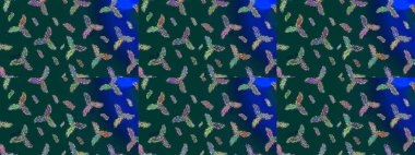 Güzel bir kış süsü. Raster mavisi, yeşil ve mor kar tanelerinden izole edilmiş. Renkli kar taneleri Raster illüstrasyonu.