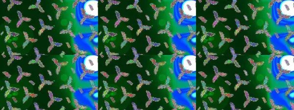 Raster illüstrasyonu. Sihirli mavi, yeşil ve mor tatil soyut arka plan yıldız ve düşen kar taneleri. Noel mavisi, yeşil ve menekşeler.