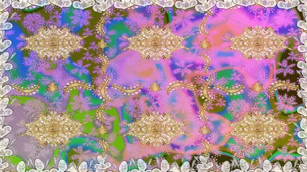 Damask arkaplanı. Altın çiçekli, pürüzsüz desen. Tarafsız renklerde altın element. Barok tarzında altın çiçekli süs..