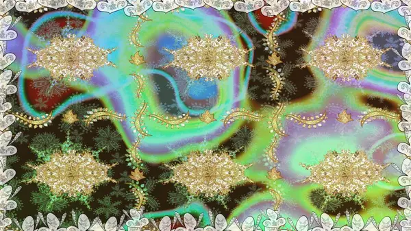 Kusursuz altın desenli bukleler. Raster altın desen. Doğu tarzı arabesk. Raster illüstrasyonu. Altın elementli nötr renkler.