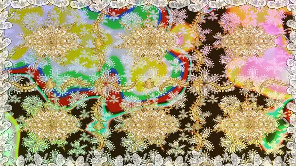 Çiçek kiremitleri. Raster altın tekstil baskısı. Kusursuz desenli oryantal süs. Altın elementlerle nötr renklerde altın desen. İslam tasarımı.