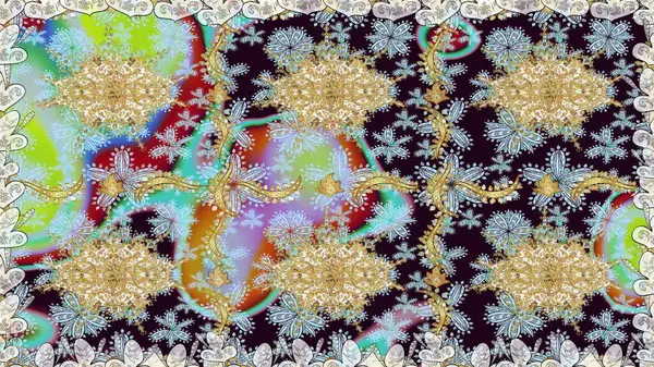 Raster illüstrasyonu. Tarafsız renklerde, altın elementlerle kusursuz desen. Klasik klasik klasik arka plan. Kusursuz klasik raster altın desenli. Geleneksel oryantasyon süsü.