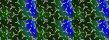 Kış konsepti Raster illüstrasyonu. Düz yatıyordu. Yeşil, gri ve mavi renkte kar tanelerinden oluşan kış deseni.