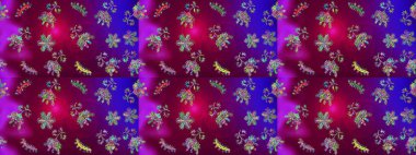 Raster illüstrasyonu. Kar tanelerinin soyut arkaplanlı Noel şablonu. Noel ve yeni yıl moda baskıları için tatil tasarımı. Mor, kırmızı ve mor kar taneleri.