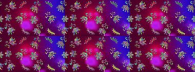 Raster illüstrasyonu. Mor, kırmızı ve mor renkli Asya tekstili. Suluboya çiçekli çiçek deseni.