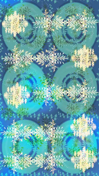 Noel ve yeni yıl moda baskıları için tatil tasarımı. Mavi, tarafsız ve yeşil kar taneleri. Renkler. Kar tanelerinin soyut arkaplanlı Noel şablonu. Raster illüstrasyonu.