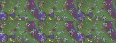 Raster Illustrasyon 'da moda olmayan çiçek deseni. Yeşil, gri ve mor renkli çiçekler. Renkli Yaz Temalı Kusursuz Arkaplan. Düz Çiçek Elementleri Tasarımı.