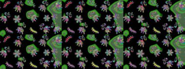 Kar tanelerinin soyut arkaplanlı Noel şablonu. Siyah, yeşil ve mavi renkler. Raster illüstrasyonu. Noel ve Yeni Yıl moda baskıları için tatil tasarımı.