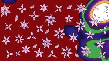 El çizimi çiçek unsurları olan soyut çizim raster deseni. 1950-1960 motifleri. Çiçekli ipek eşarp. Kırmızının üstüne kırmızı. Retro tekstil tasarım koleksiyonu.