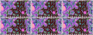 Raster Floral Illustration, Asyalı tekstil. Mor renkli etnik çiçeklerle kusursuz bir desen..