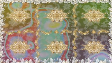 Altın elementlerle nötr renklerde altın desen. İslam tasarımı. Kusursuz desenli oryantal süs. Raster altın tekstil baskısı. Çiçek karoları.