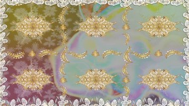 Kına dövmeli süs çiçekleri, altın çıkartmalar, mehndi ve yoga tasarımı, kartlar ve parmak izleri. Raster Golden Mehndi kusursuz desen. Gri renklerde desen.