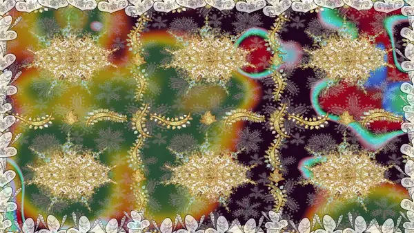 Kahverengi renkte altın bir element. Altın çiçekli, pürüzsüz desen. Damask arkaplanı. Barok tarzında altın çiçekli süs..