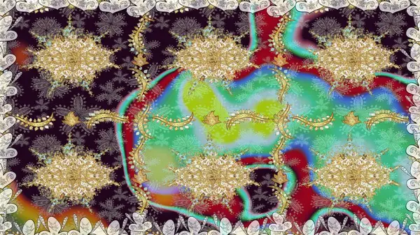 Geleneksel oryantasyon süsü. Klasik klasik klasik arka plan. Raster illüstrasyonu. Kahverengi renklerde, altın elementlerle kusursuz desen. Kusursuz klasik raster altın desenli.