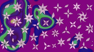 Raster illüstrasyonu. Şirin çiçekli eskiz deseni ve mor renkli yapraklar, suluboya çiçek deseni, duvar kağıdı, kart veya kumaş için fayanslı.