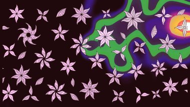 Moda baskıları için zarif bir şablon. Parlak renkli çiçekleri ve kahverengi renkli yaprakları olan harika bir çiçek deseni. Modern çiçek arkaplanı. Halk stili.