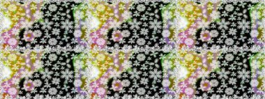 Renkli grunge, koloni ve siyah çiçeklerle soyut bir arka plan oluşturur. Parmak izi, kumaş, duvar kâğıdı, tekstil için raster dokusu. İşlemeli çiçek desenli..