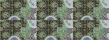 Parmak izi, kumaş, duvar kâğıdı, tekstil için raster dokusu. İşlemeli çiçekli, dikişsiz desen. Renkli grunge, yakut yeşil çiçeklerle soyut arkaplanı zenginleştirir.