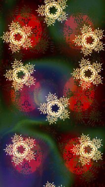 Kahverengi, yeşil ve gri kar taneleri. Raster illüstrasyonu. Noel ve yeni yıl moda baskıları için tatil tasarımı. Kar tanelerinin soyut arkaplanlı Noel deseni.