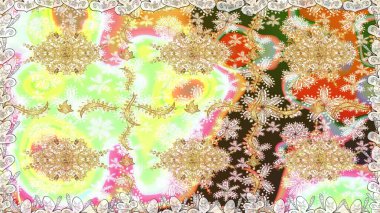 Süslü dekorasyon. Lüks, kraliyet ve Viktorya dönemi konsepti. Raster klasik altın rengi barok çiçekleri. Altın elementlerle nötr renklerde altın desen.