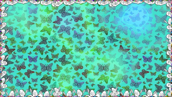 Yumuşak mavi ve yeşil arkaplanda izole edilmiş şirin yaban sinekleri. Mavi ve yeşil renkleri yakından izle. Sanat retro kaplanabilir açılış tasarımı tarzında serbest doğrusal mürekkep el logosu.