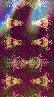 Modern çiçek arkaplanı. Moda baskıları için zarif bir şablon. Halk tarzı. Parlak renkli çiçekleri ve mor, yeşil ve nötr renkleri olan yaprakları olan muhteşem bir çiçek deseni..