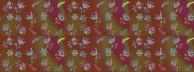 Sevimli çiçek raster deseni. Kahverengi, yeşil ve mor renkte çiçekler. Renkli Bahar Temalı Kusursuz Arkaplan. Düz Çiçek Elementleri Tasarımı.