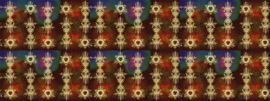 Yüzey için tekrarlanan doku, ambalaj kağıdı, kahverengi, yeşil ve sarı renkler. Renkli arka planda izole kar taneleri. Raster illüstrasyonu. Kış kar tanesi, raster arkaplan.