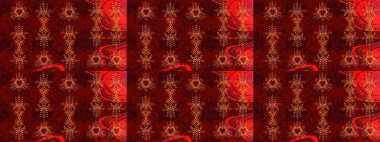 Kar tanelerinin soyut arkaplanlı Noel şablonu. Kırmızı, siyah ve kahverengi kar taneleri. Raster illüstrasyonu. Noel ve Yeni Yıl moda baskıları için tatil tasarımı.