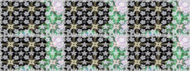 El çizimi çiçek unsurları olan soyut, dikişsiz raster deseni. Çiçekli ipek eşarp. Siyah üstüne siyah. 1950-1960 motifleri. Retro tekstil tasarım koleksiyonu.