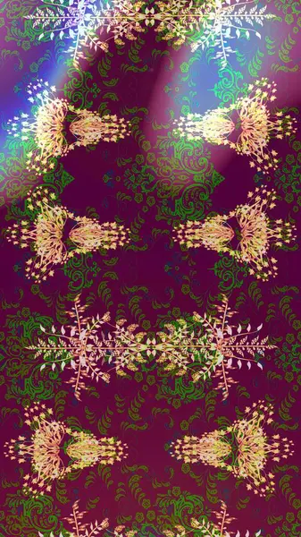 Modern çiçek arkaplanı. Moda baskıları için zarif bir şablon. Halk tarzı. Parlak renkli çiçekleri ve mor, yeşil ve nötr renkleri olan yaprakları olan muhteşem bir çiçek deseni..