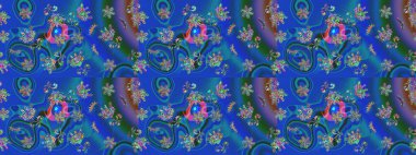 Suluboya çizim kalıbı. Çiçek izi. Suluboya tarzında mavi, yeşil ve menekşe renkleri üzerine çiçekler.