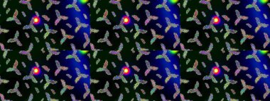 Kar tanelerinin soyut arkaplanı olan şirin bir Noel arkaplanı. Siyah, mavi ve yeşil kar taneleri. Raster illüstrasyonu. Renkler. Noel ve Yeni Yıl moda baskıları için tatil tasarımı.