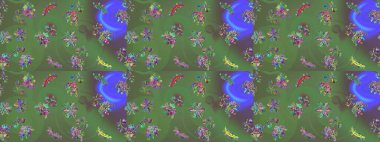 Çiçek Elementleri 'nin soyut geçmişi. Raster kış deseni. Yeşil, mor ve mavi renkler üzerine tasarım. Raster illüstrasyonu.