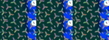 Yüzey için tekrarlanan doku, ambalaj kağıdı, mavi, yeşil ve mor renkli kar tanesi. Kış kar taneleri, raster arka plan.