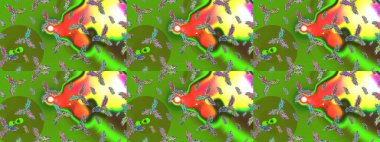 Raster illüstrasyonu. Noel ve yeni yıl moda baskıları için tatil tasarımı. Kar tanelerinin soyut arkaplanlı Noel şablonu. Yeşil, sarı ve turuncu kar taneleri.