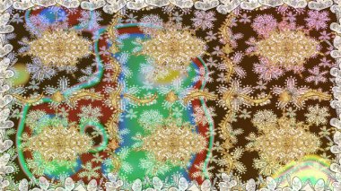 Altın antika ortaçağ dekoratifi, yapraklar ve kahverengi renkli altın desenli süslemeleri olan pürüzsüz bir desen. Kusursuz kraliyet lüksü, altın barok kumaş rengi..