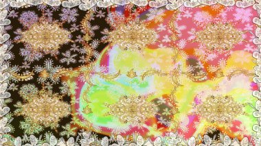 Kart, duvar kağıdı, ambalaj ve tekstil için klasik tasarım. Kusursuz desenli altın elementler. Tarafsız renklerde Royal retro. Raster illüstrasyonu. Altın şablon. Çiçeksel klasik doku.