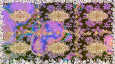 Altın antika ortaçağ dekoratifi, yapraklar ve tarafsız renklerde altın desenli süslemeleri olan dikişsiz bir şablon. Kusursuz kraliyet lüksü, altın barok kumaş rengi..