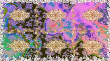 Altın elementlerle nötr renklerde altın desen. Barok tarzında kusursuz bir doğulu süsü. Raster oryantal süs. Geleneksel klasik altın desen.