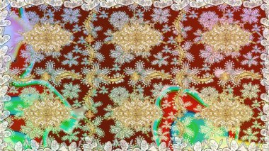 Çiçek kiremitleri. İslam tasarımı. Kusursuz desenli oryantal süs. Raster altın tekstil baskısı. Altın elementlerle nötr renklerde altın desen.